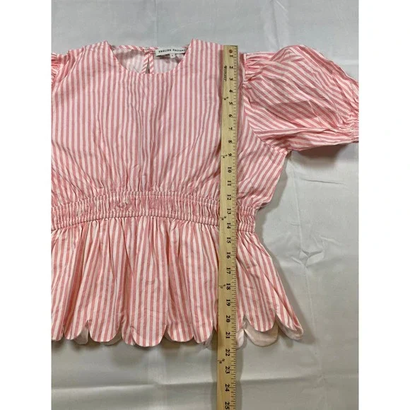 ENGLISH FACTORY Pink White Stripe Puff Sleeve Peplum Scallop Hem Top L‎ - Picture 8 of 13